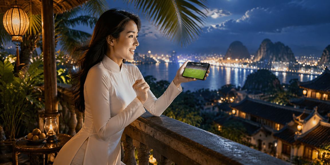 Người phụ nữ mặc áo dài tại Ninh Bình thư giãn và theo dõi cá cược thể thao trên điện thoại